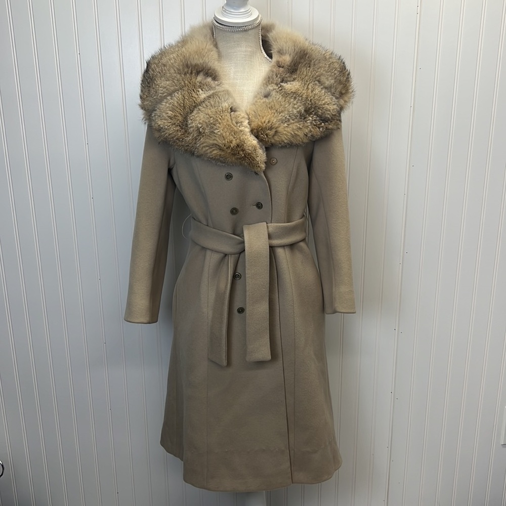Vintage Gus‎ Mayer Double Breasted Wool Large Fur Trimmed Collar Coat Belted
